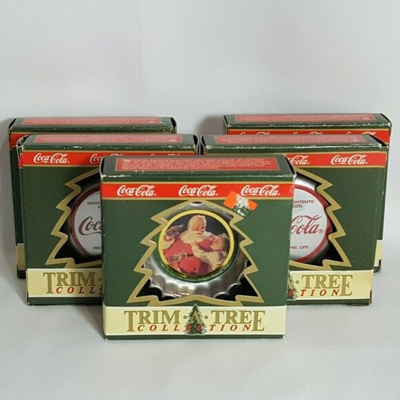 NEW Vintage Coca-Cola Bottle Cap Ornaments Santa circa 1938 Set of 5 Trim a Tree - Picture 2 of 4